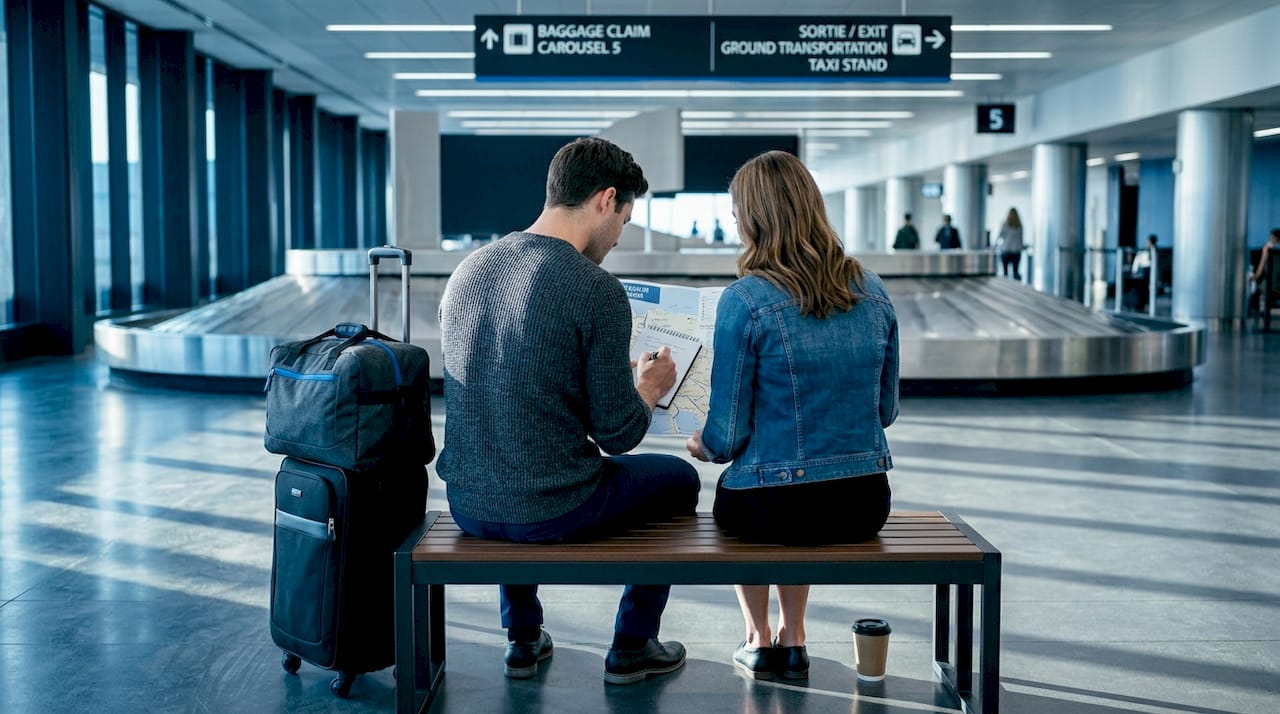 Couple comparing Nice Airport transfer choices