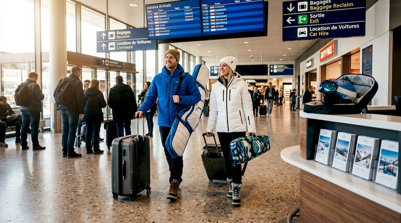 Arriving passengers with ski bags at Geneva Airport