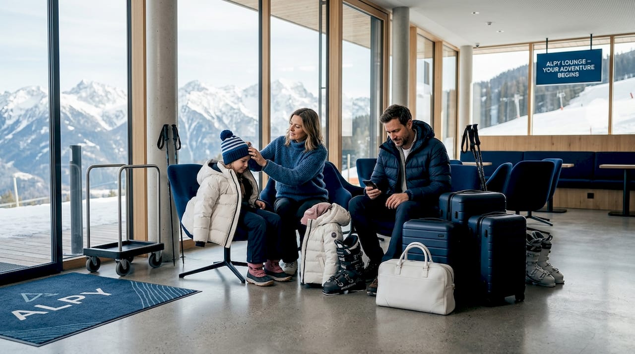 Tired family waiting for Geneva ski minibus