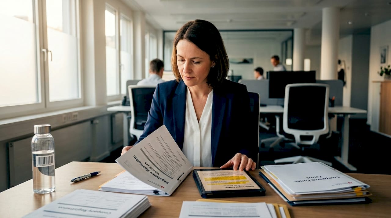 Compliance officer reviews Swiss regulatory documents