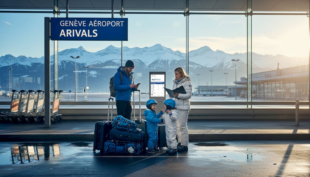 Family arranging ski transfer at Geneva Airport