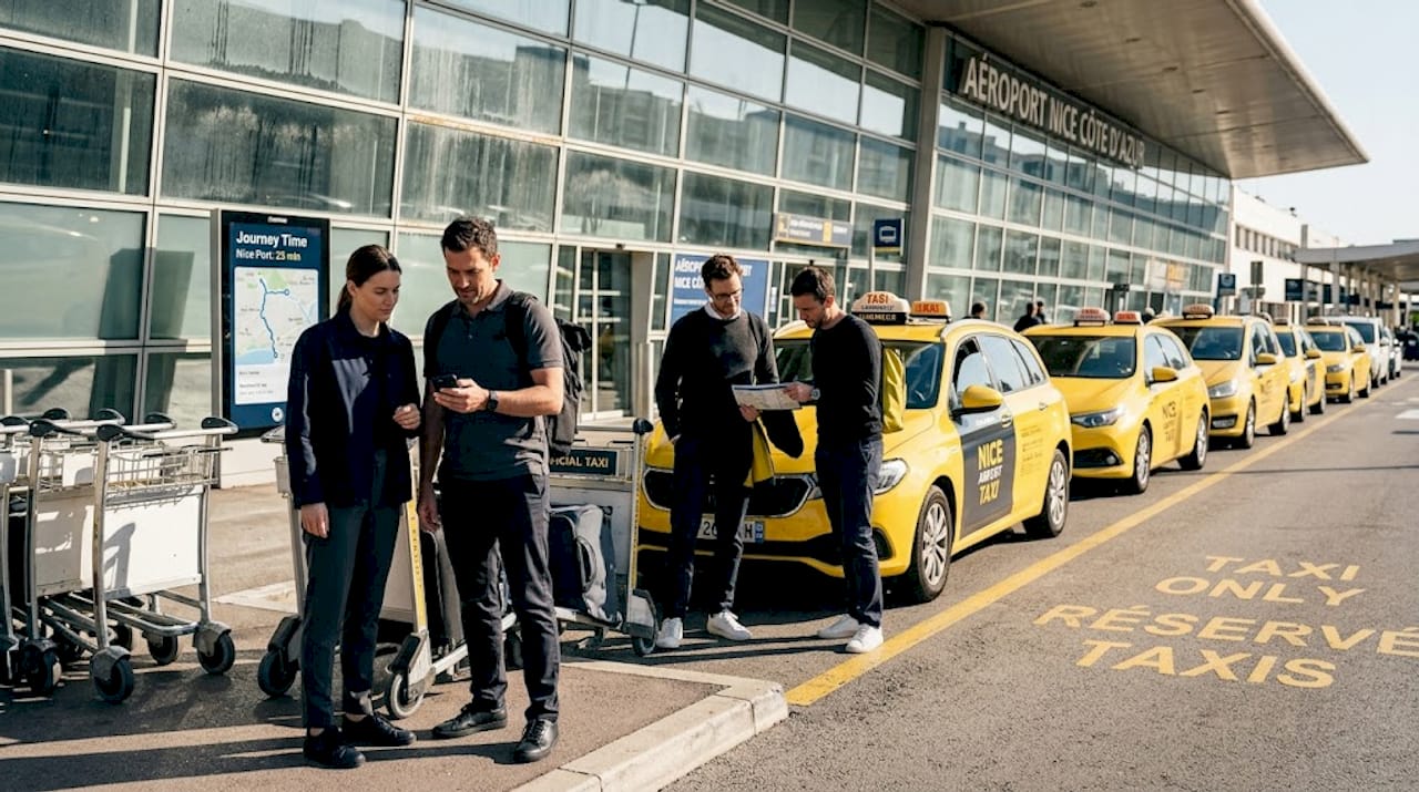 Passengers queue for official taxi at Nice Airport
