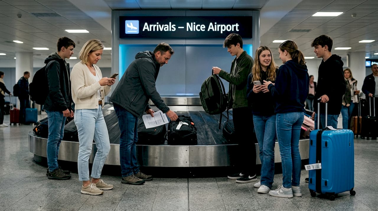 Travelers collecting luggage in Nice Airport arrivals