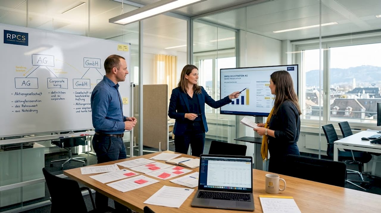 Swiss startup team reviewing board meeting materials