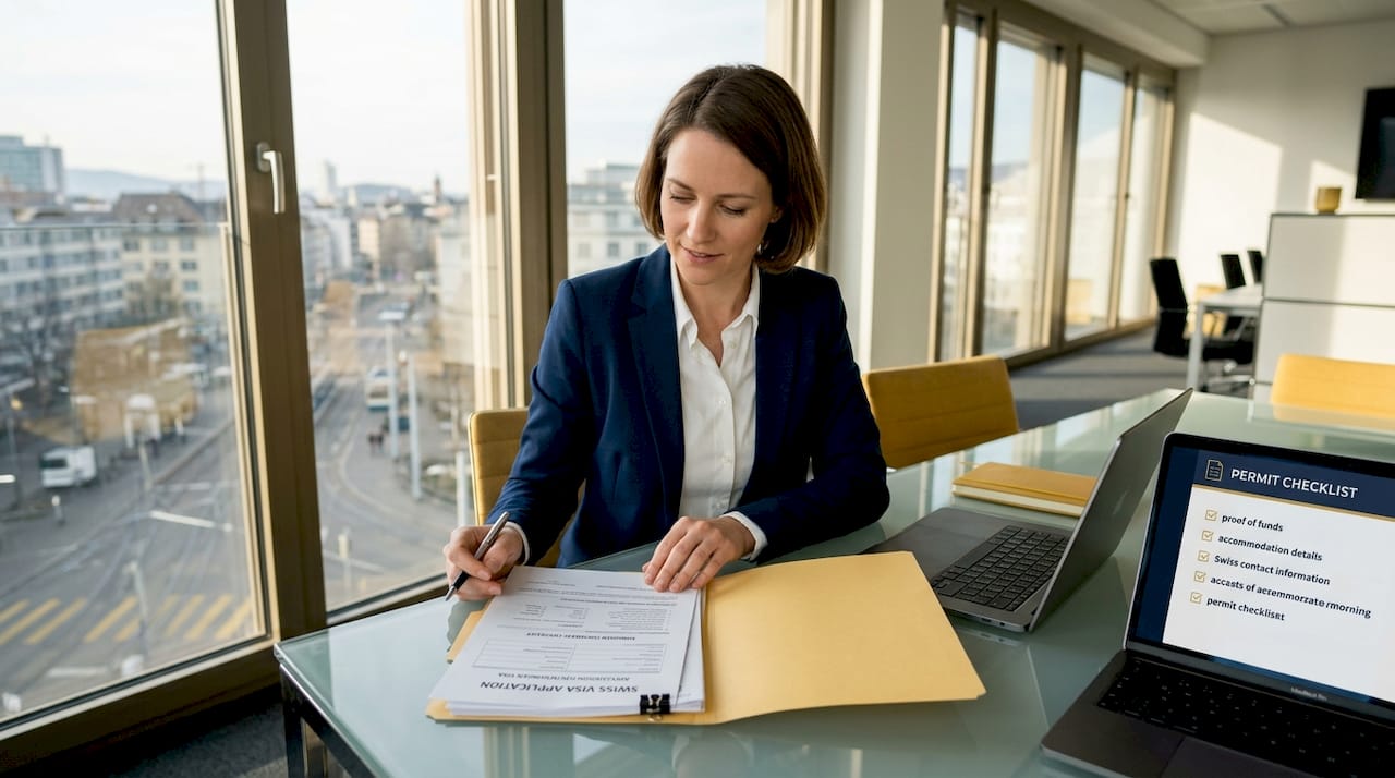 Entrepreneur reviewing Swiss visa documents in office
