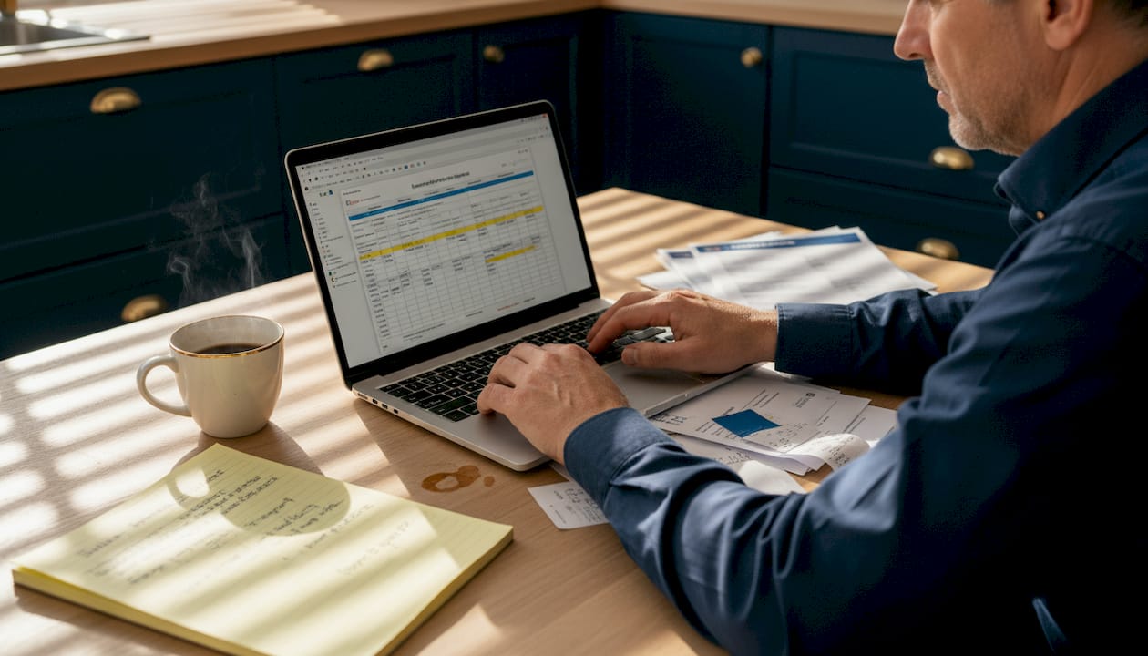 Man filling business plan at kitchen table