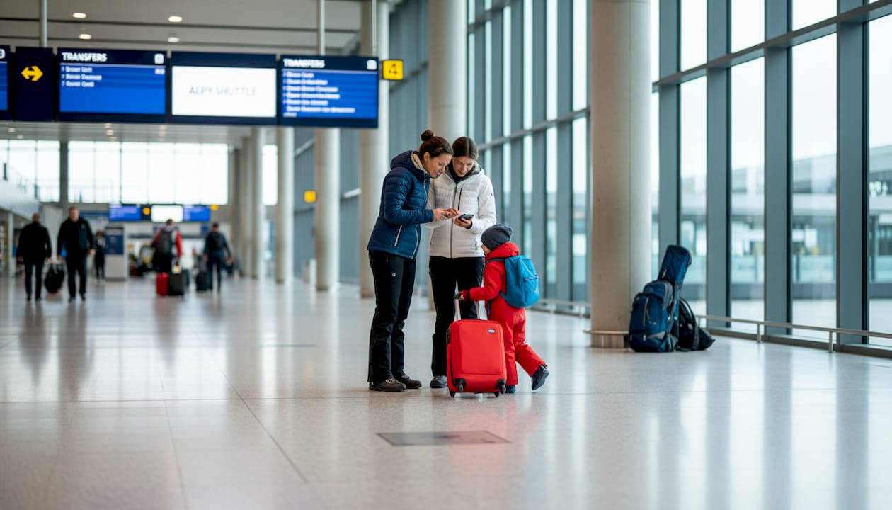 Family navigating Geneva airport for ski transfer
