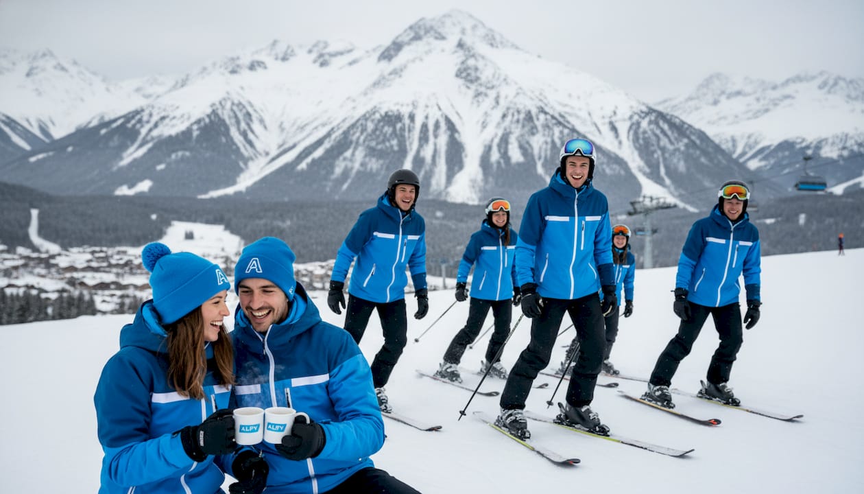 Minibus transporting skiers on snowy mountain road