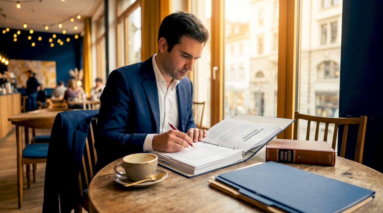 Lawyer reviewing incorporation binder in Zurich office