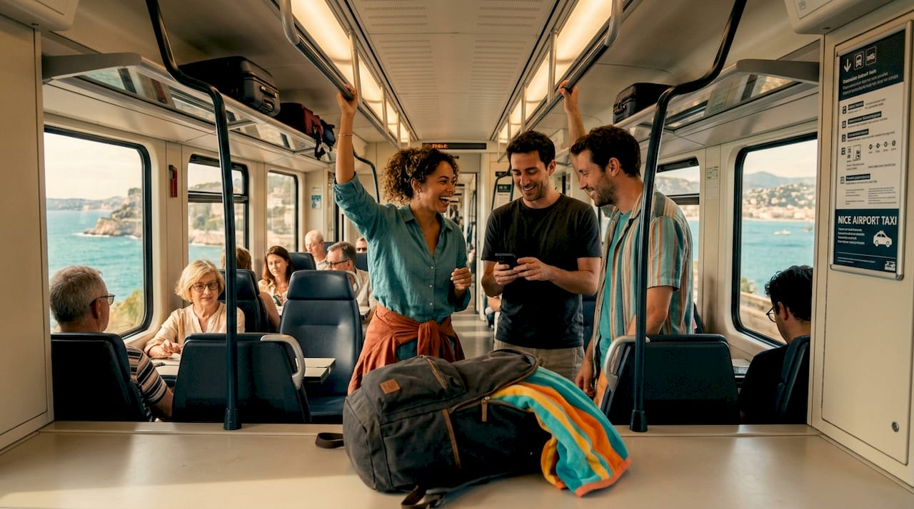 Full train carriage on Nice to Cannes route