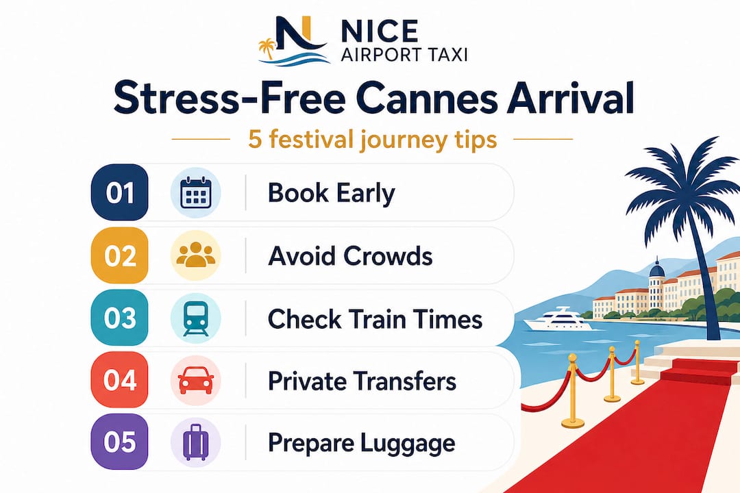 Infographic with five stress-free journey tips for Cannes