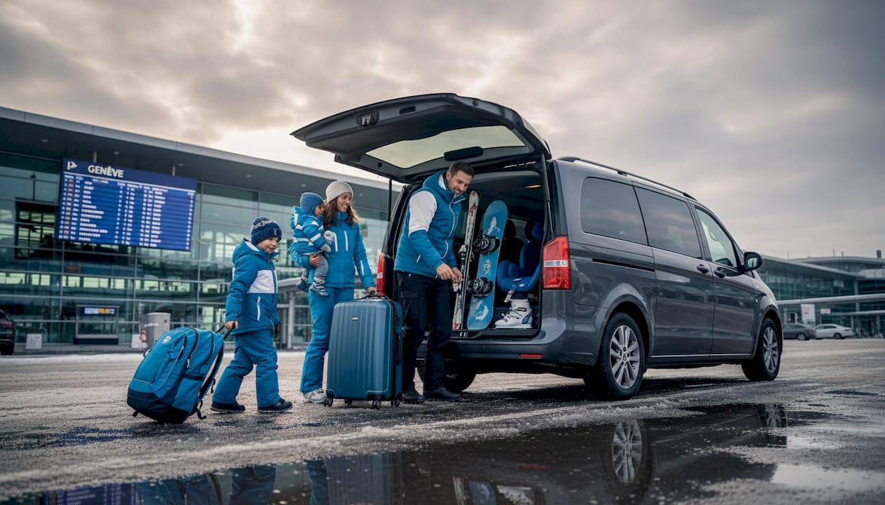 Family exits private van at Geneva Airport