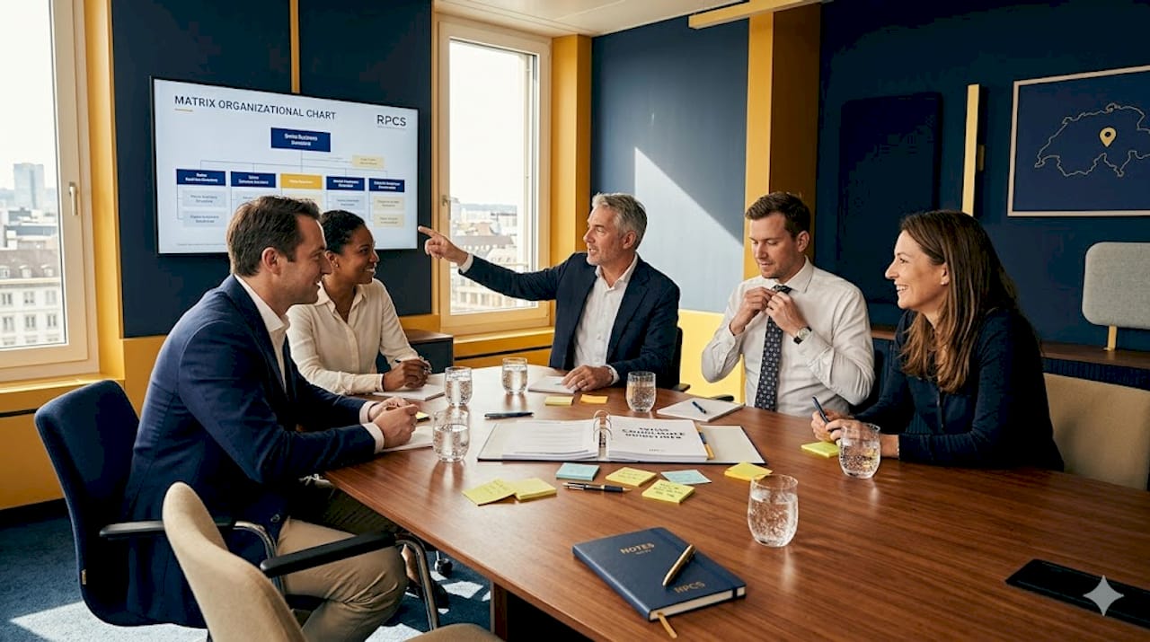 Swiss board members reviewing org chart and compliance
