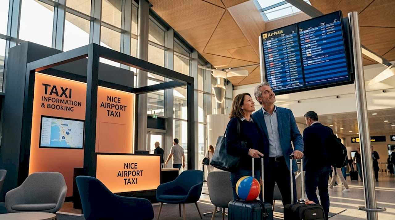 Couple waiting in Nice Airport arrival hall