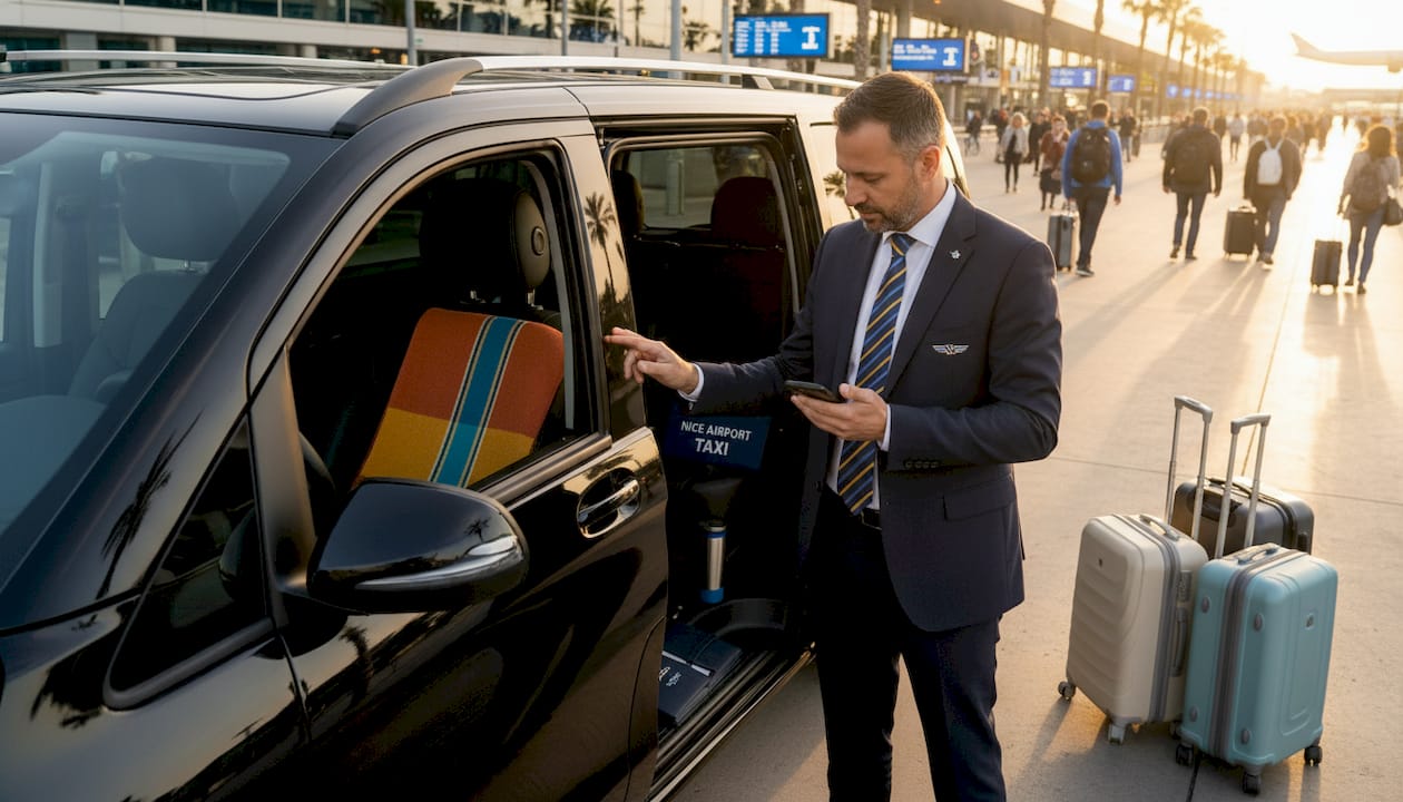 Driver checking name at Nice Airport curbside
