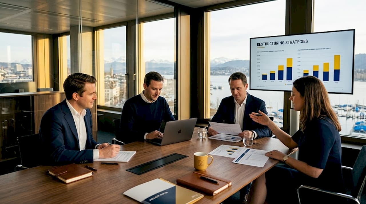Executives discussing Swiss business restructuring