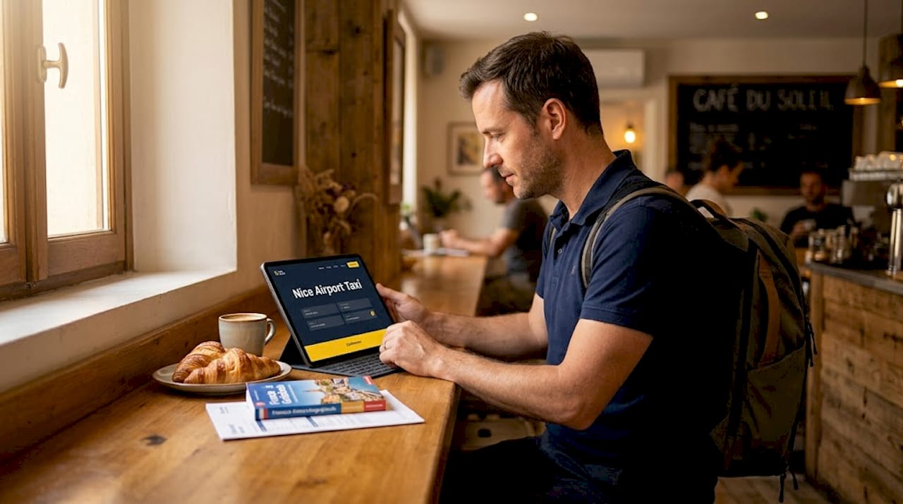 Traveler booking airport transfer on tablet