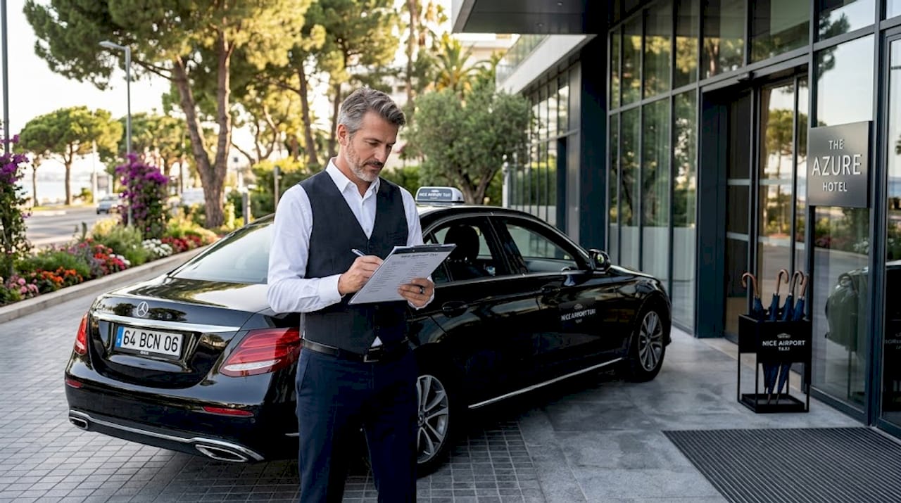 Driver preparing private airport transfer outside building