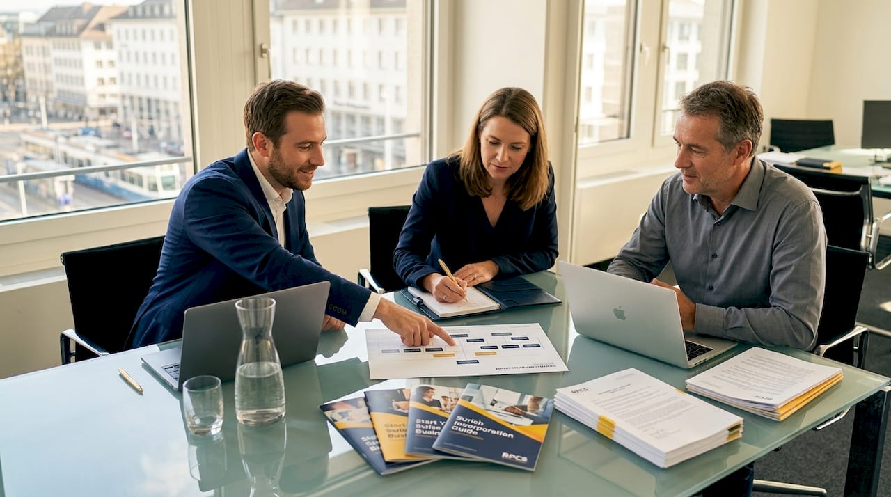 Swiss entrepreneurs discussing organigram at office table