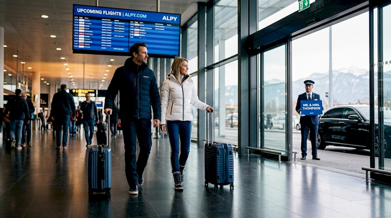 Travelers at Geneva Airport awaiting private transfer