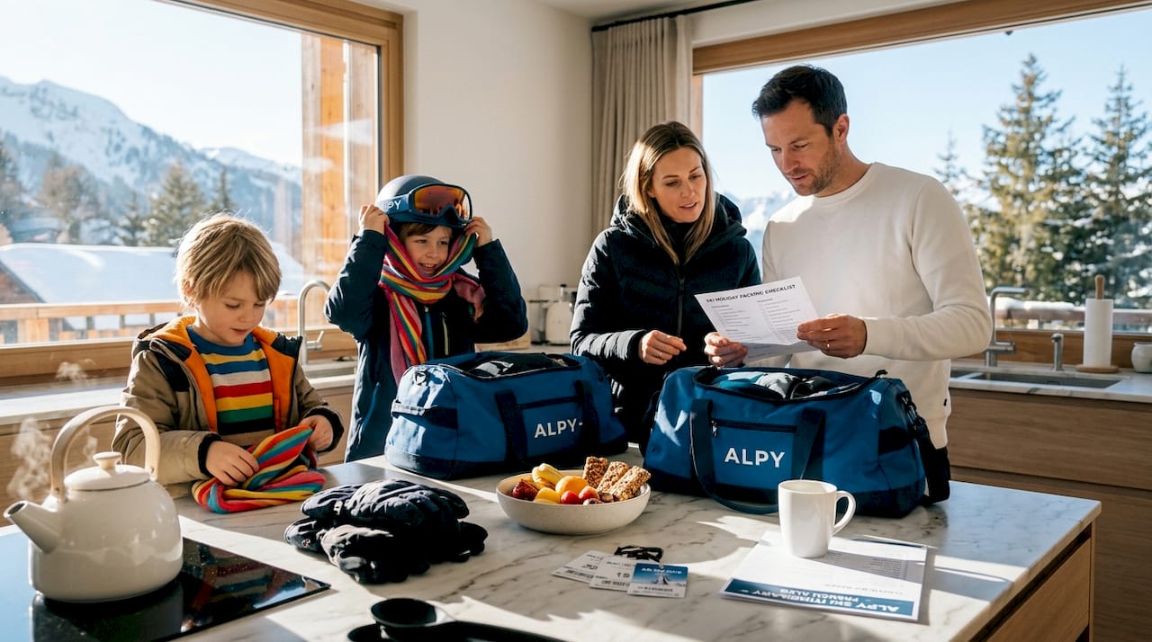 Family packing ski gear for private transfer
