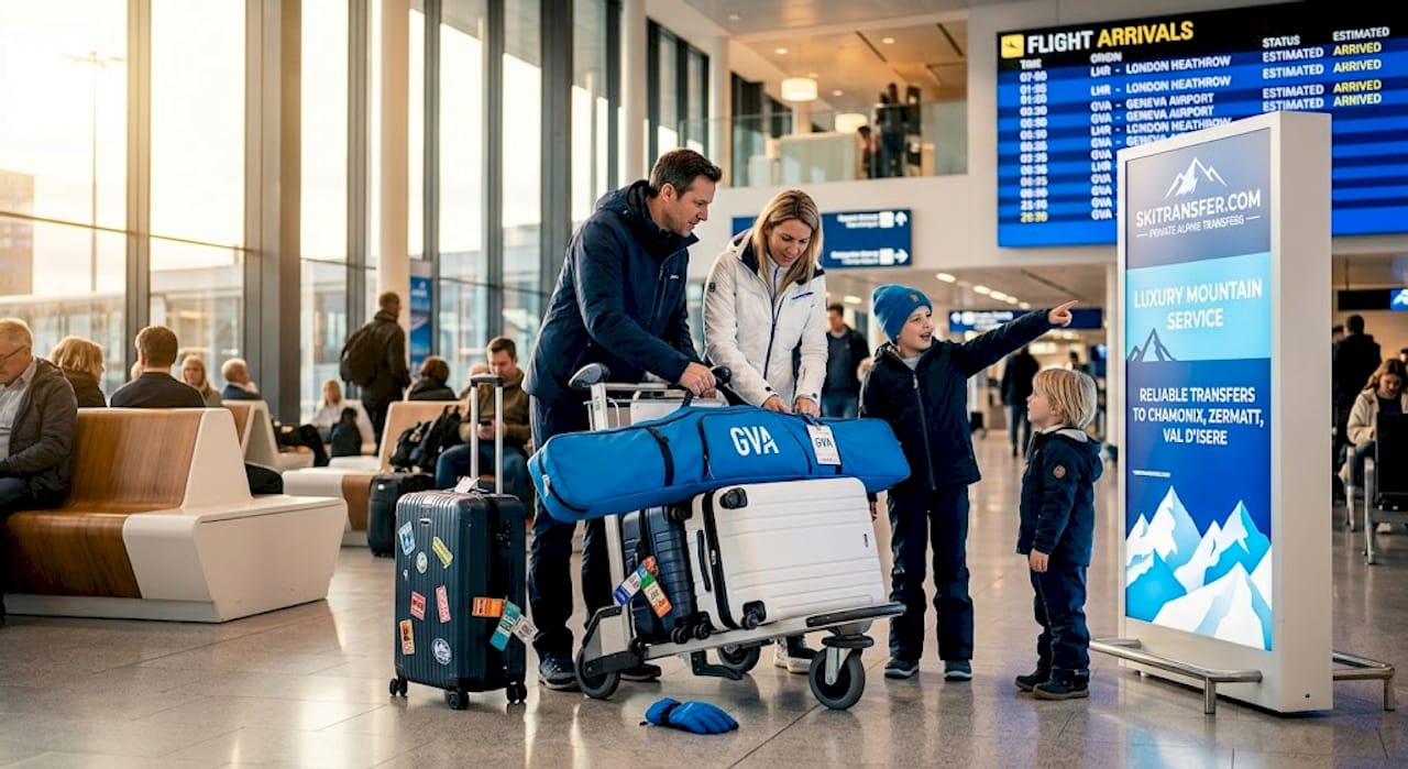 Family loading ski gear at Geneva arrivals