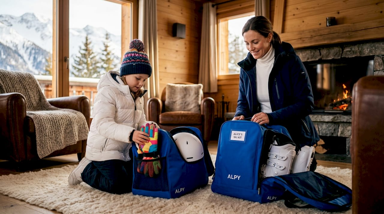 Mother and daughter packing ski gear