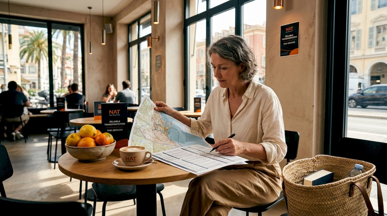 Woman planning French Riviera day trips in sunny apartment