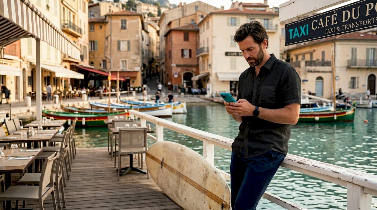 Traveler by peaceful Villefranche-sur-Mer harbor in morning