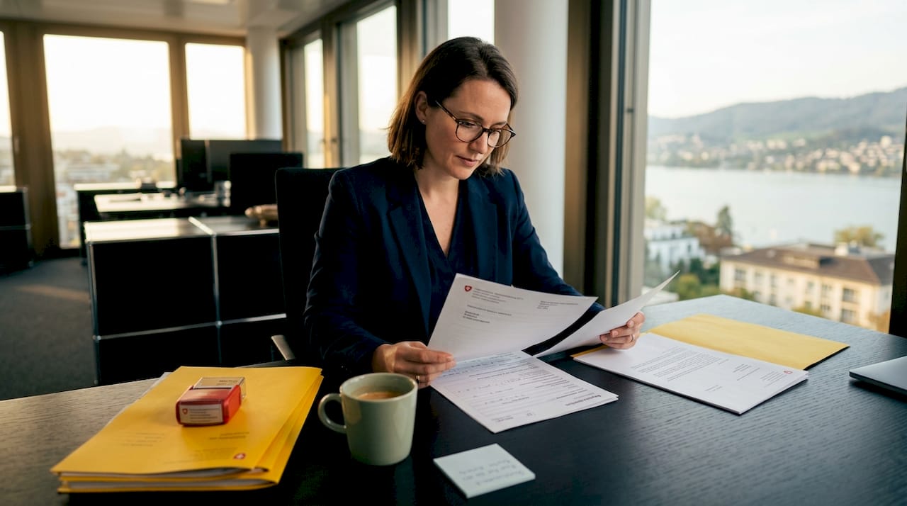 Entrepreneur reviews Swiss business documents in office