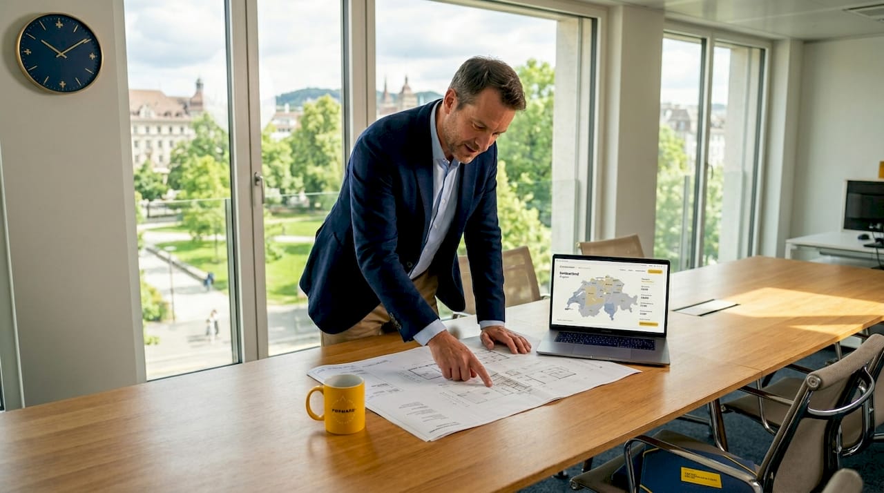 Executive reviewing Swiss relocation documents in office