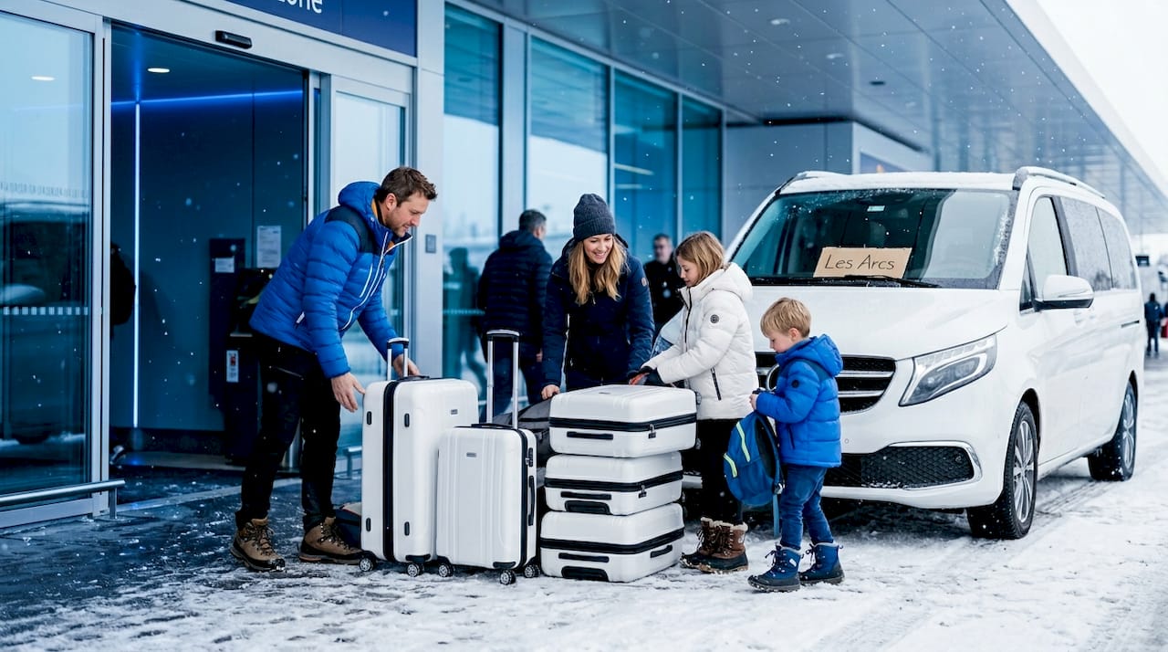 Family loading luggage to Les Arcs shuttle