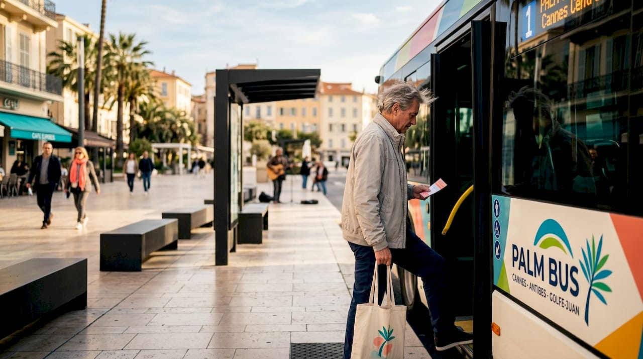 Man boarding Palm Bus Cannes street