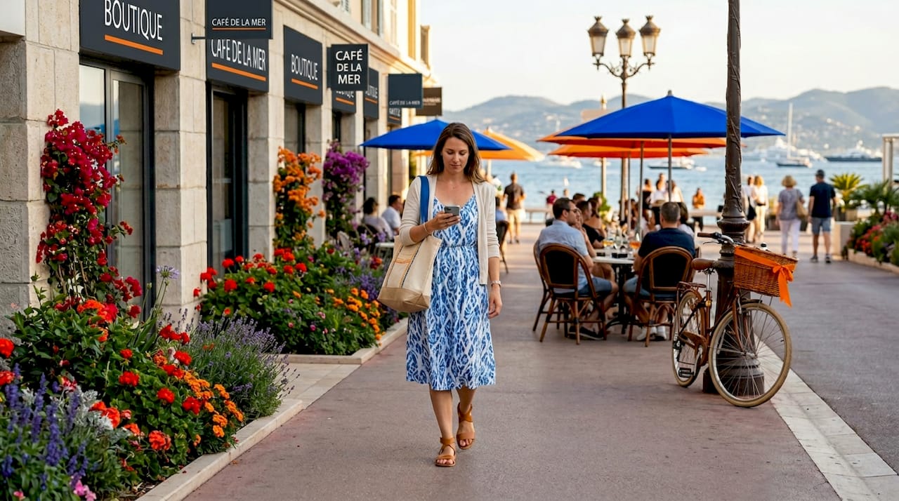 Woman walking La Croisette promenade Cannes