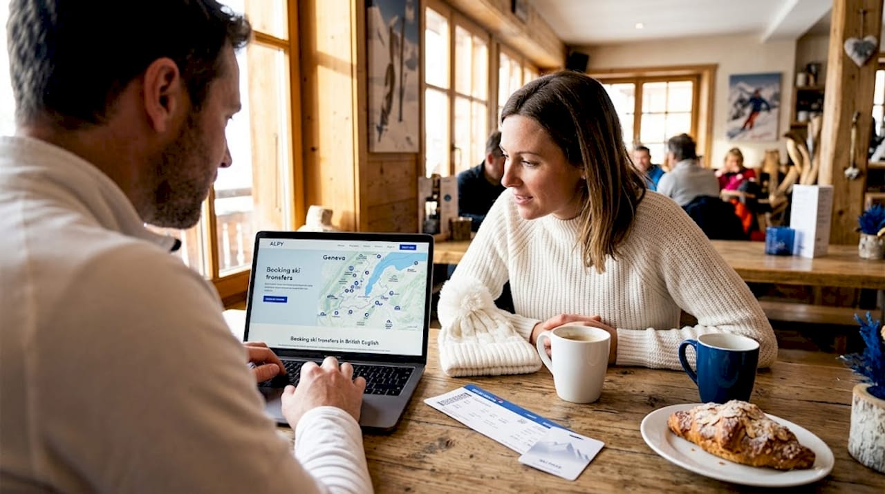 Couple planning ski holiday at kitchen table