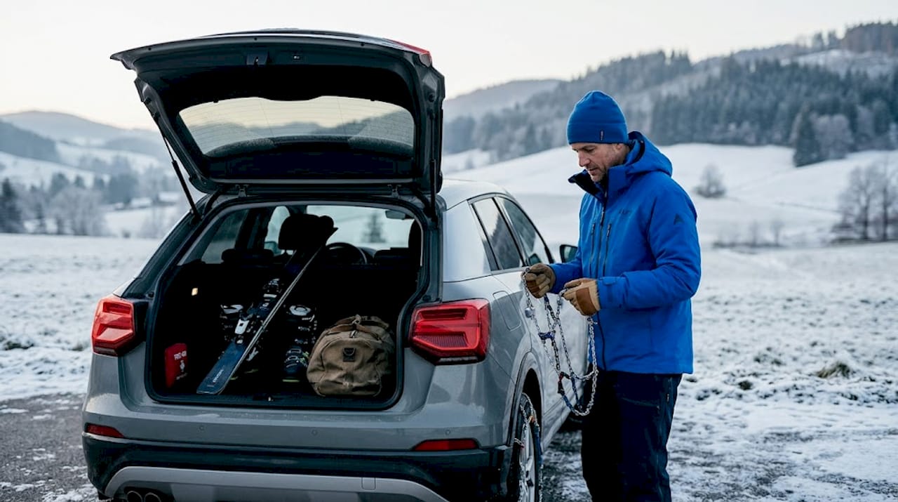 Man prepping car for Alpine winter drive
