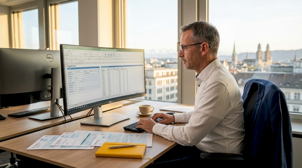 HR manager working on Swiss payroll in city office