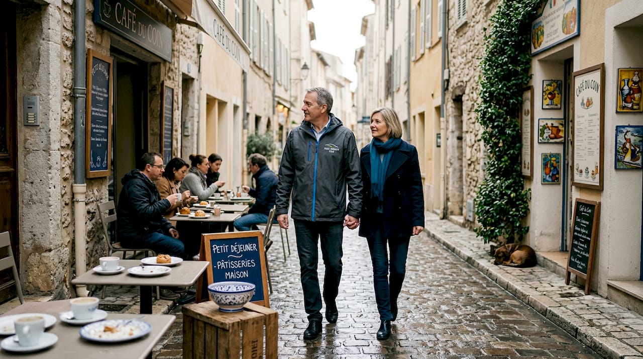 Couple walking Antibes Old Town street