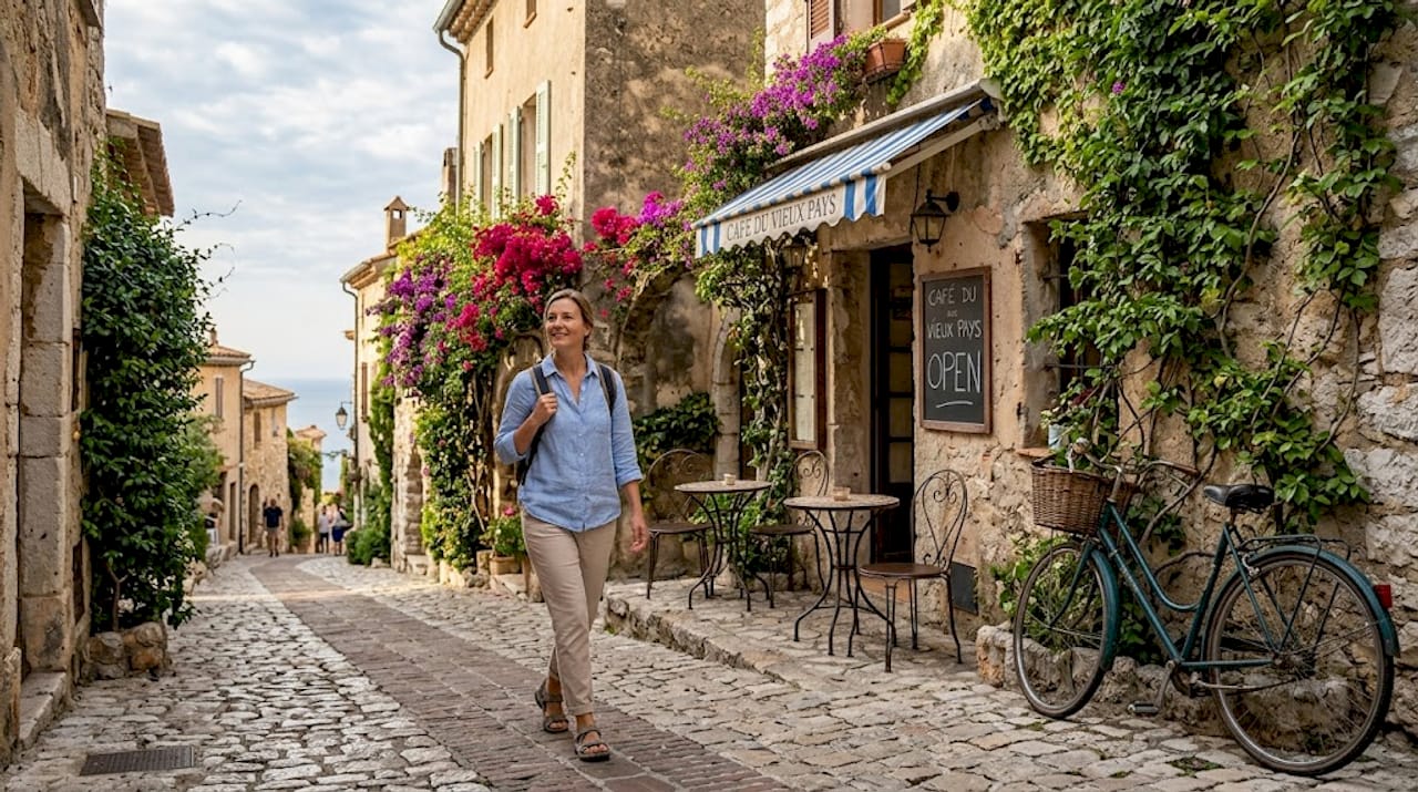 Traveler walks Èze Village cobblestone street morning
