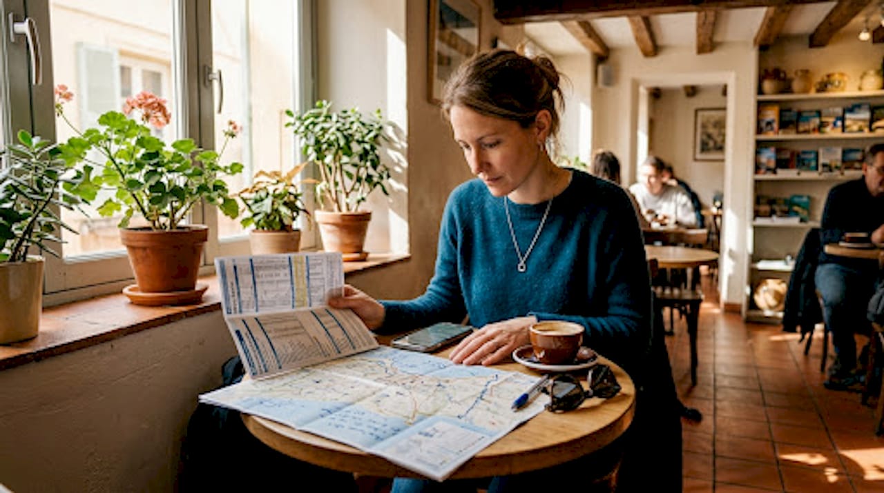 Woman planning Riviera day trip at seaside café