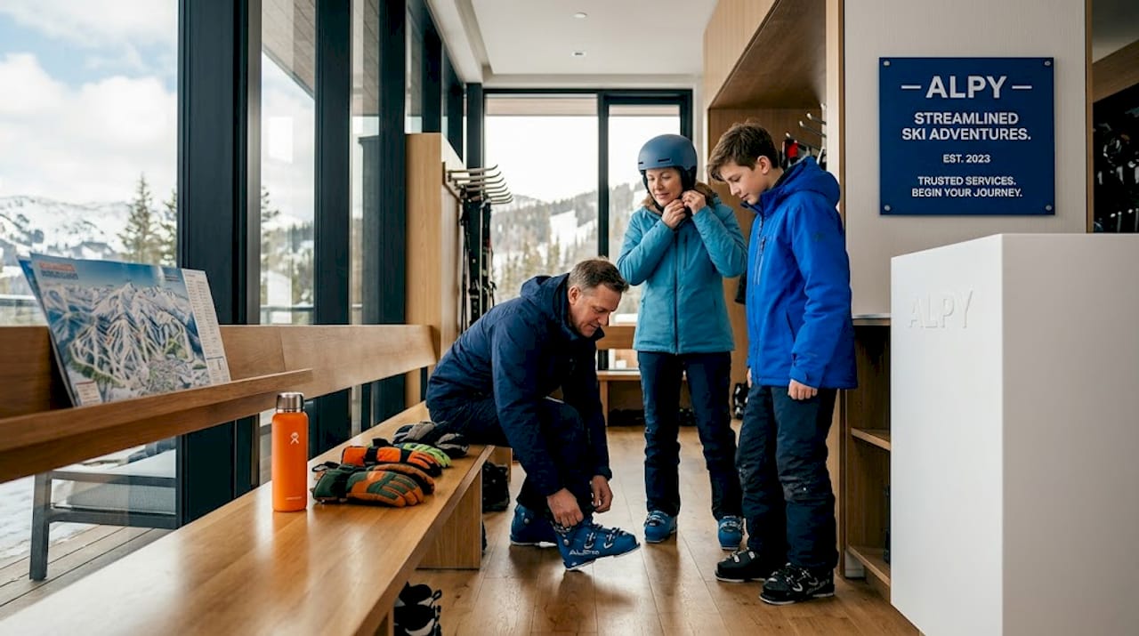 Skiers preparing equipment in morning lodge