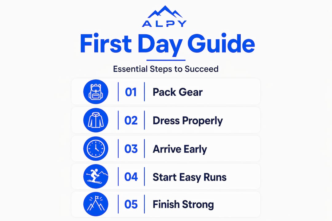 Vertical infographic outlining ski day step-by-step guide