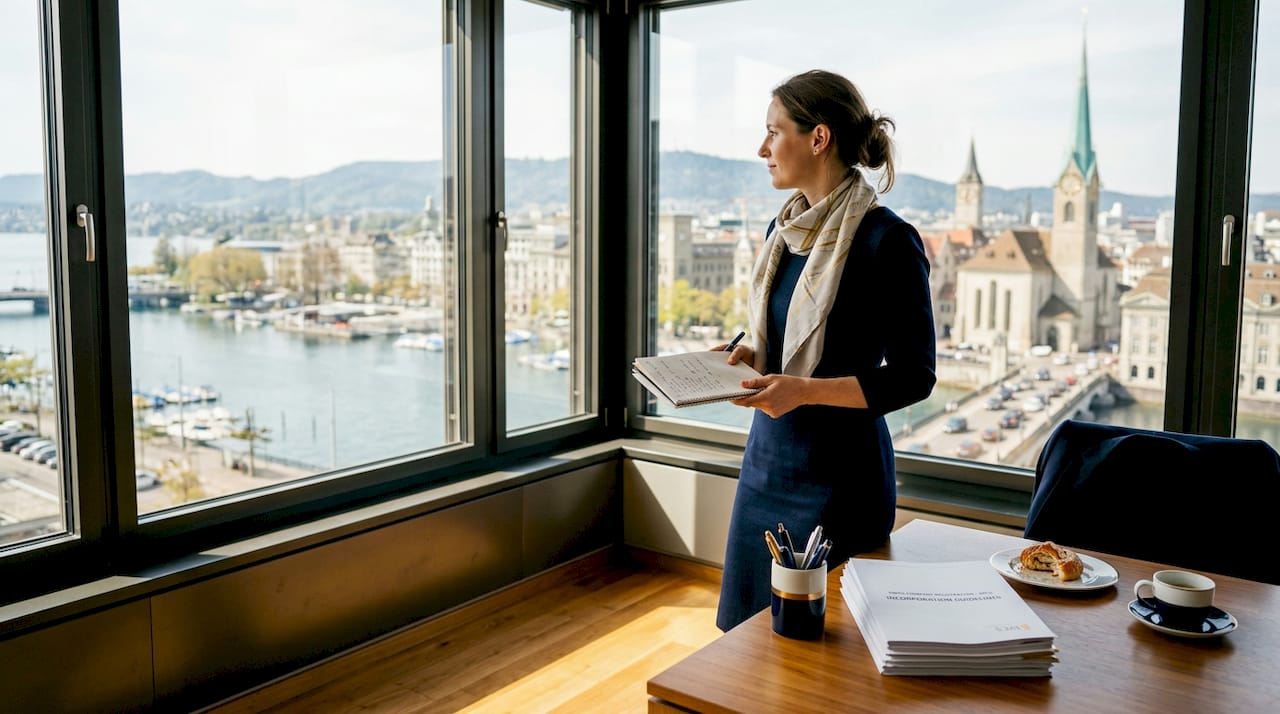 Businesswoman overlooking Zurich city from bright office