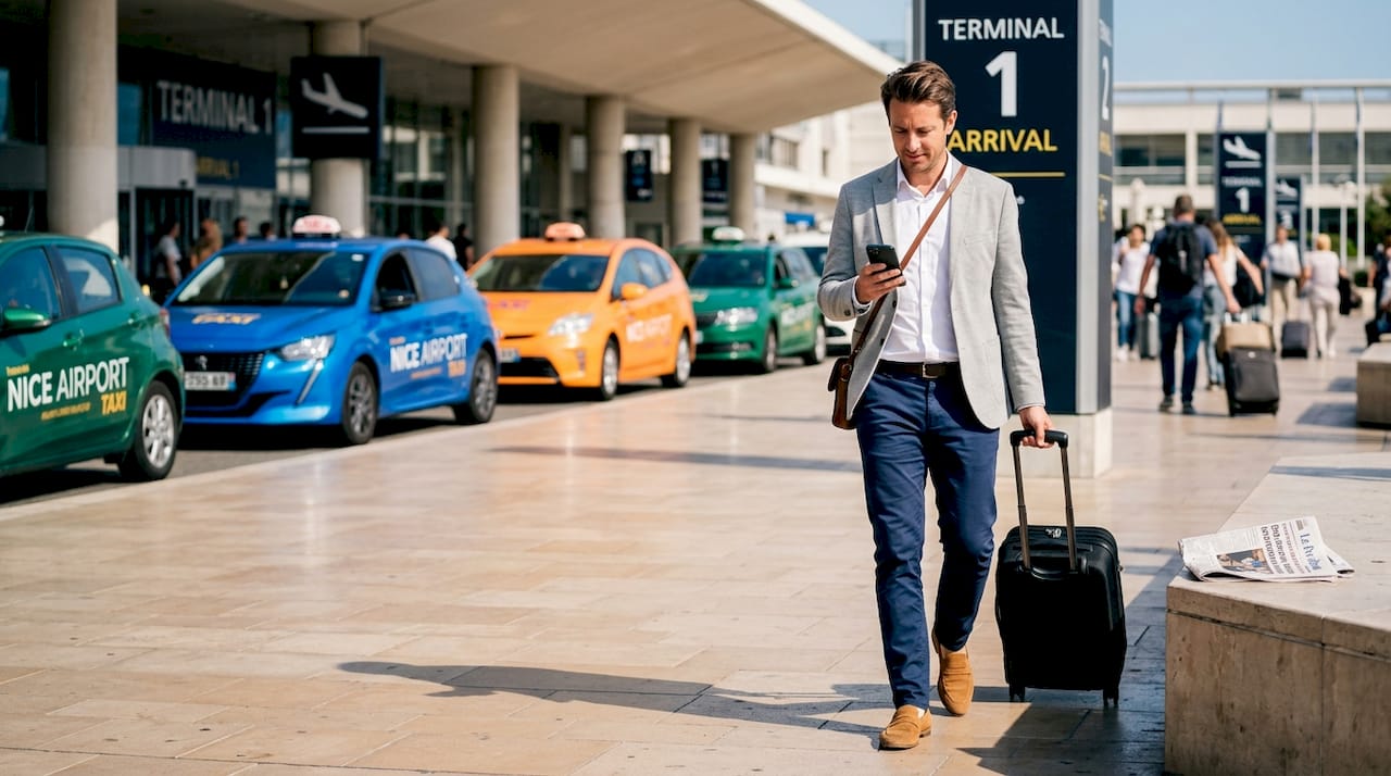 Business traveler exiting Nice airport terminal
