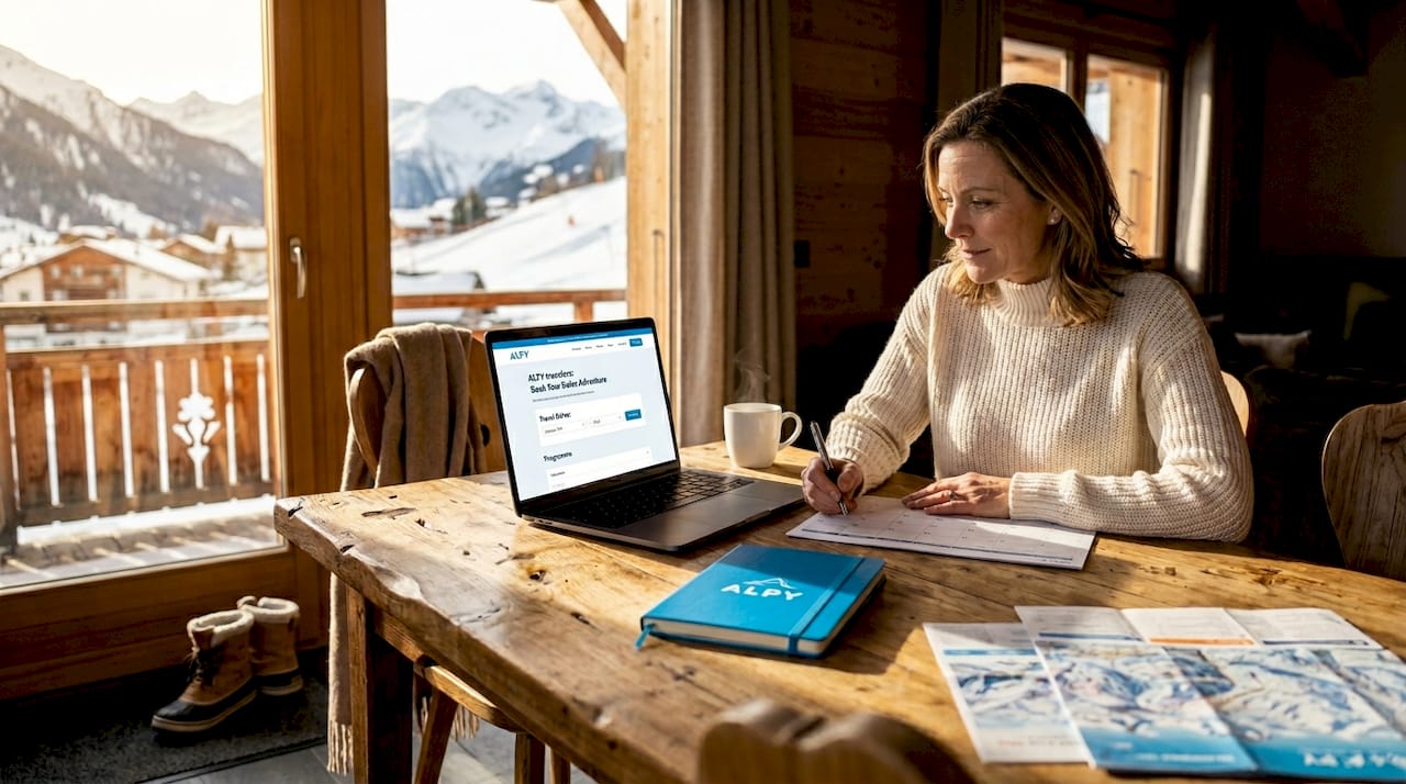 Woman booking ski transfer in cozy chalet