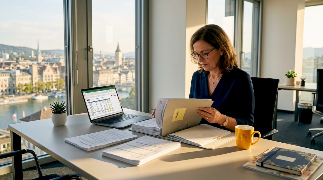 Consultant reviewing Swiss compliance documents