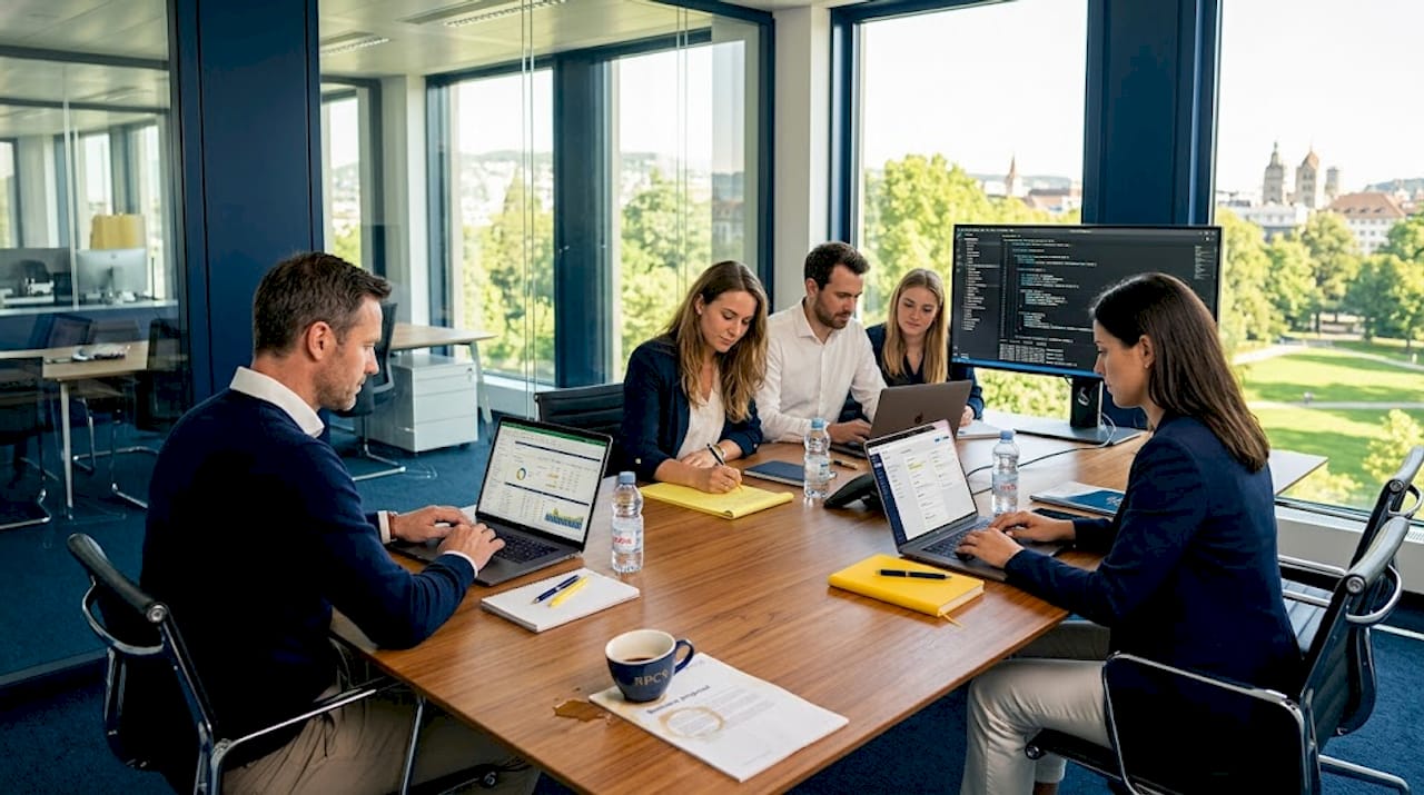 Professionals collaborating in functional office setting