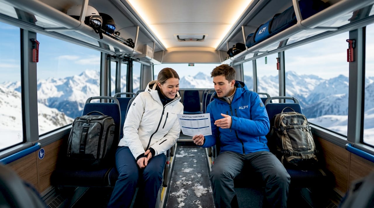 Skiers reviewing schedule on shuttle bus
