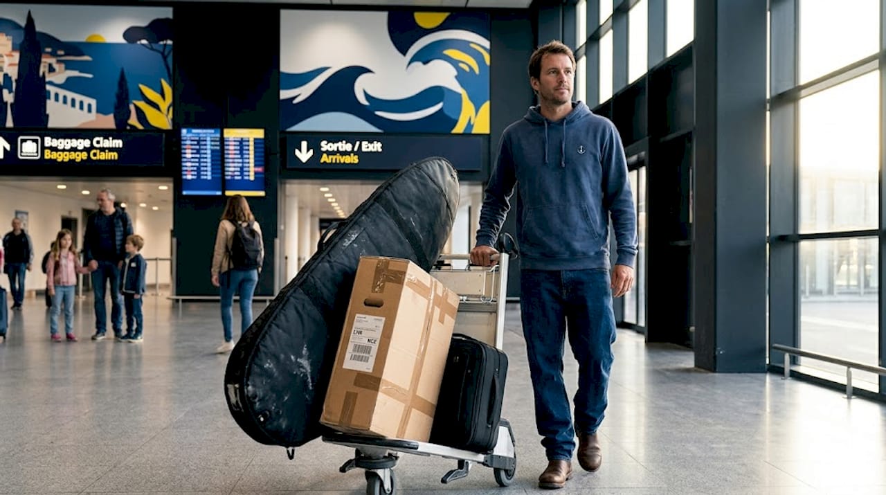 Traveler with surfboard and bike box Nice Airport