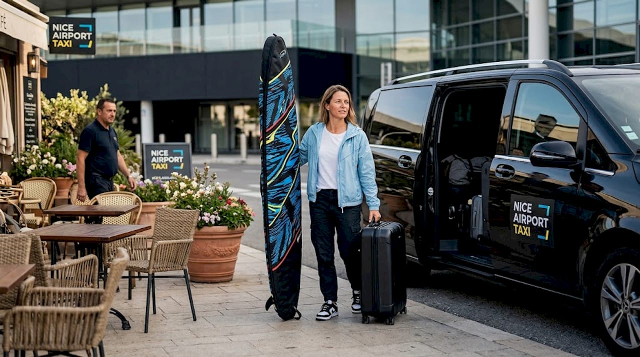 Traveler waiting with surfboard and bike for airport transport